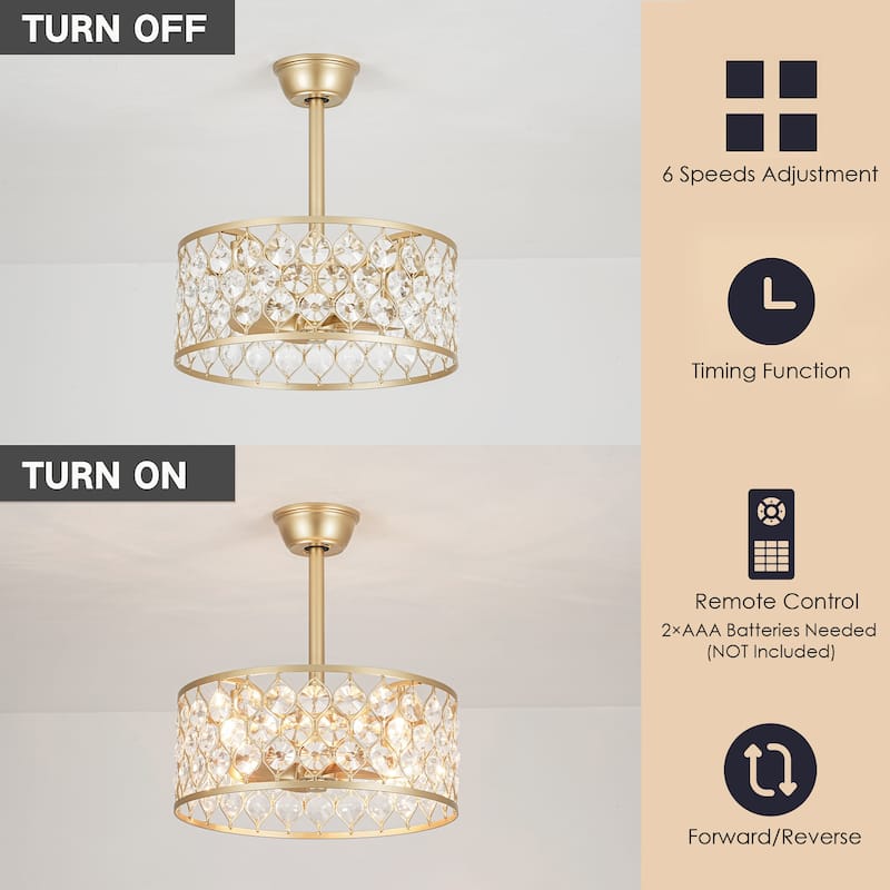 4-Light Luxury Crystal Gold Ceiling Fan Light with Remote for Living Room - 18.5 in. W x 7.9 in. H