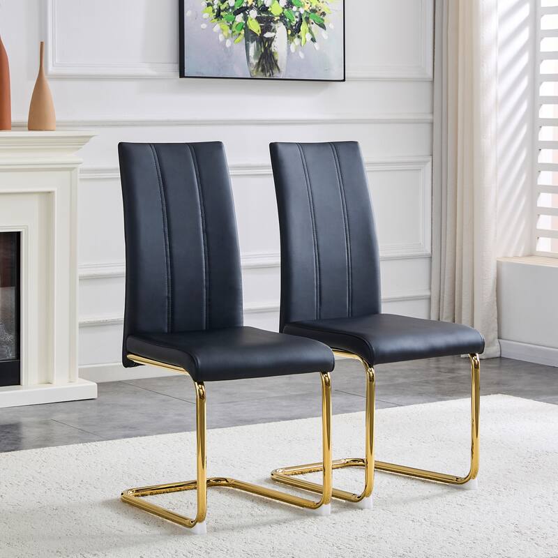 2-Pack PU Upholstered Dining Chairs - Modern High-Back Side Chairs with Luxury Gold-Plated Iron Tube Legs for Dining Room - Black,Gold