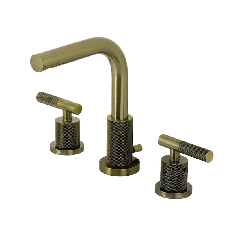 Kingston Brass Convergent Two-Handle 3-Hole Deck Mount Widespread Bathroom Faucet with Knurled Handle and Brass Pop-Up Drain - Antique Brass