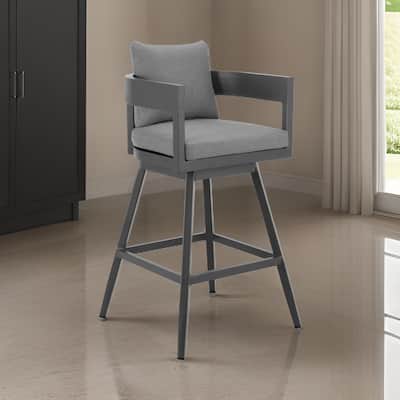 Enya 26 Inch Outdoor Swivel Counter Stool Chair, Gray Aluminum, Cushions