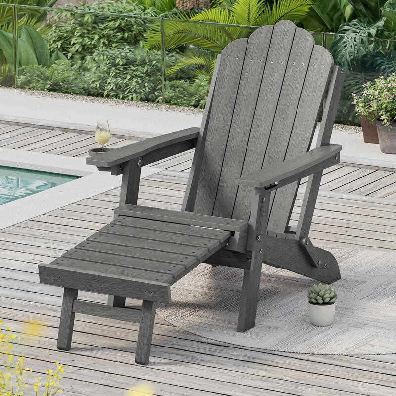 3-Position Adjustable Folding Adirondack Chair W/ Ottoman for Outdoor - Gray - 1-Piece