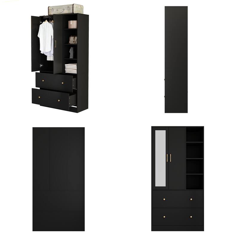 Wardrobe Closet Armoire wi/Mirror & Scalable Hanging Rod Space Saving