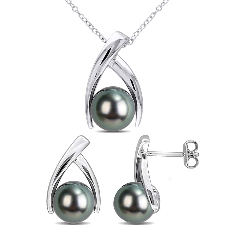 Miadora 8-8.5mm 9-10mm Cultured Tahitian Pearl Crisscross Necklace Earrings Set Sterling Silver