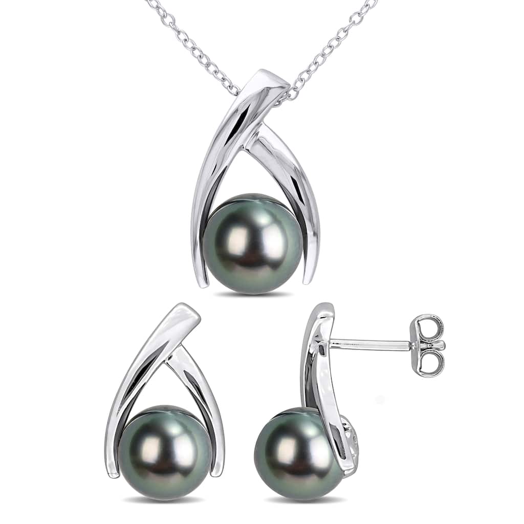 Miadora 8-8.5mm 9-10mm Cultured Tahitian Pearl Crisscross Necklace Earrings Set Sterling Silver