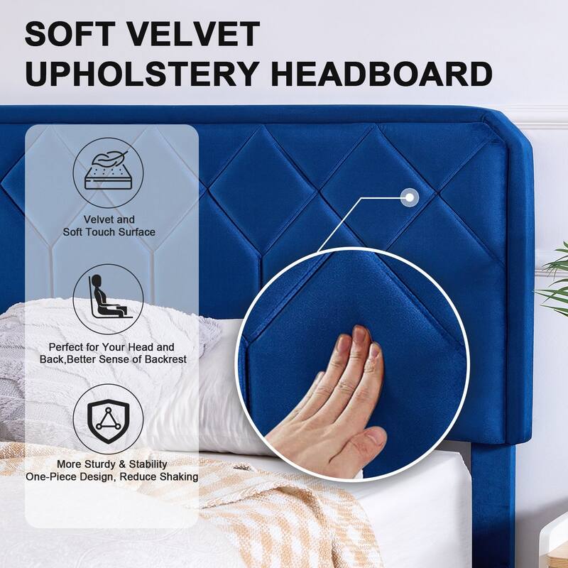 VECELO Adjustable Height Velvet Upholstered Bed Diamond Tufted Headboard with 7.8" Underbed Storage No Box Spring Needed