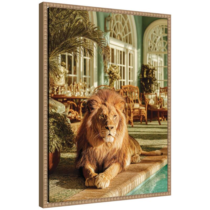 Kate and Laurel Majestic Lion by the Pool by Michael Schauer Framed Canvas Wall Art Print - 18 x 24 - Brown