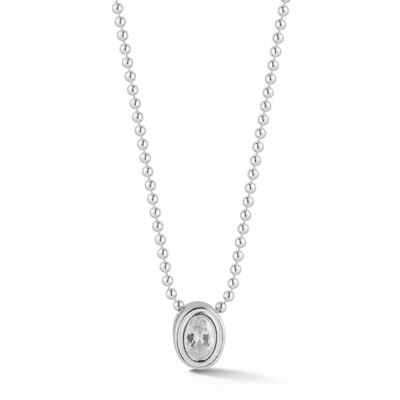 Soleil Sterling Silver Oval Solitaire Ball Chain Necklace - White