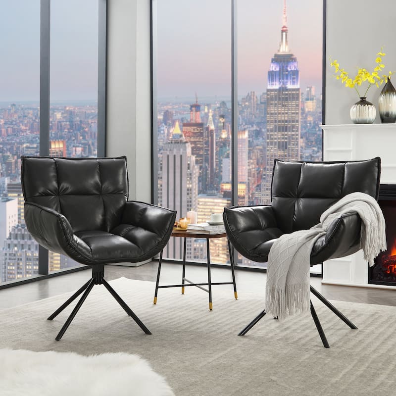 Faux Leather Upholstered Swivel Club Chair Accent Armchair (Set of 2) - Black