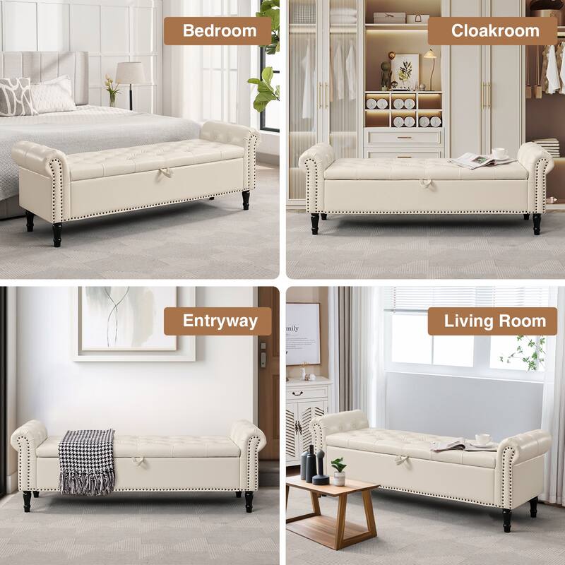 67" Velvet or PU Tufted Storage Bench for Bedroom End of Bed with Roll Arms