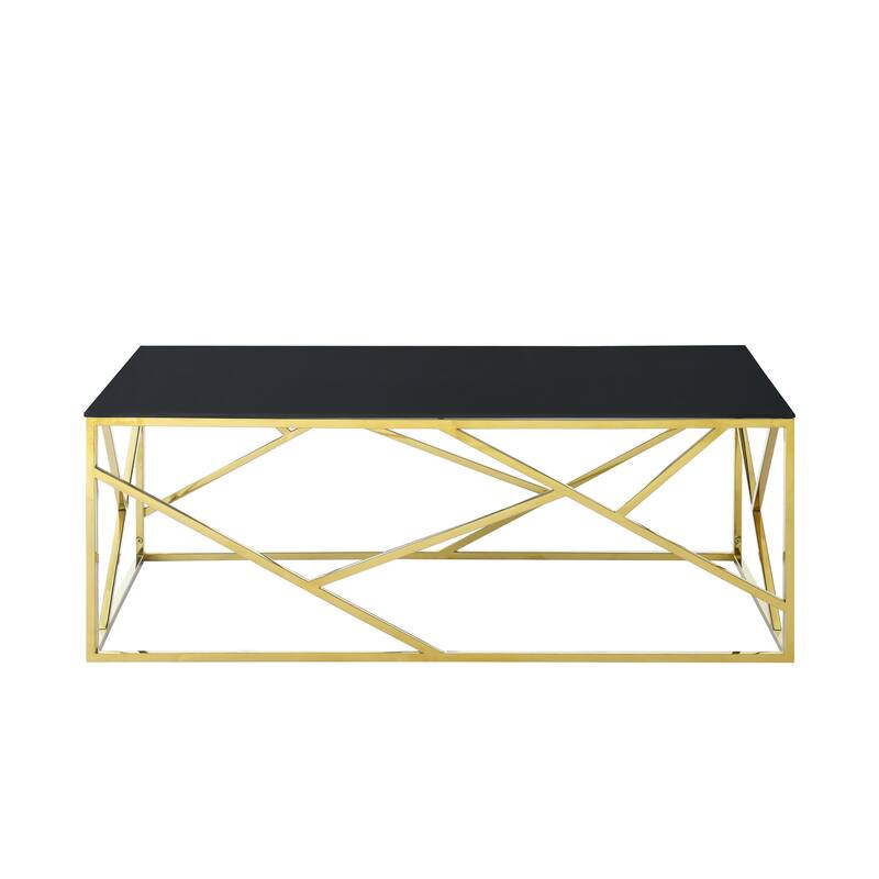 Modern Rectangular Coffee Accent Table with Black Tempered Glass Top and Stainless Steel Frame for Living Room Bedroom