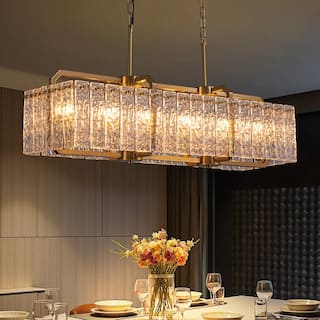 40 in. Brass Modern Crystal Chandeliers 16-Light Gold Rectangular Chandelier for Dining Living Room Kitchen Island