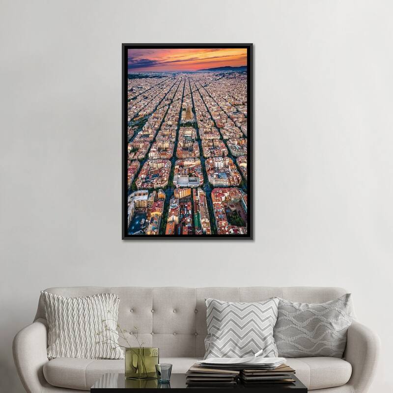 iCanvas "Spain Barcelona Cityscape Cityscape Grid From Above Sunset" by Alex G Perez Framed Canvas Print