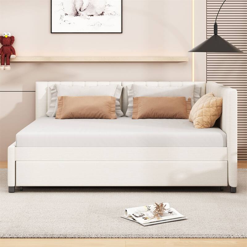 Full Size Upholstered Daybed with Trundle Sofa Bed Frame,Linen Fabric - Beige
