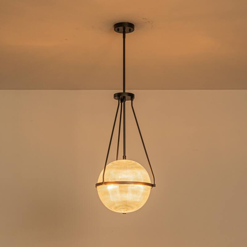 3-Light 13.78" Black/Gold Mid-Century Modern Grid Glass Globe Bubble Pendant Light