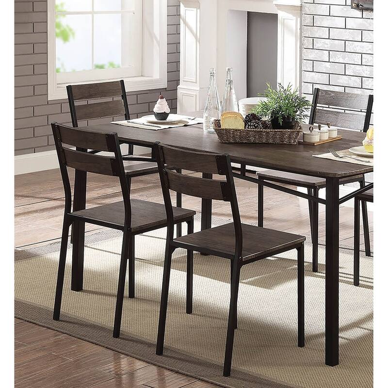 Simple Black Metal Frame Dining 7pc Set Wooden Table Top Dining Table 6x Side Chairs Dining Room