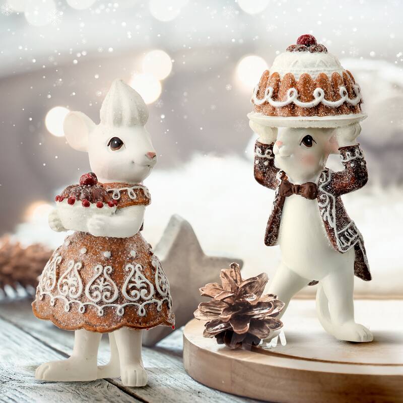 4" Resin Mouse Holding Gingerbread Cake Set of 2