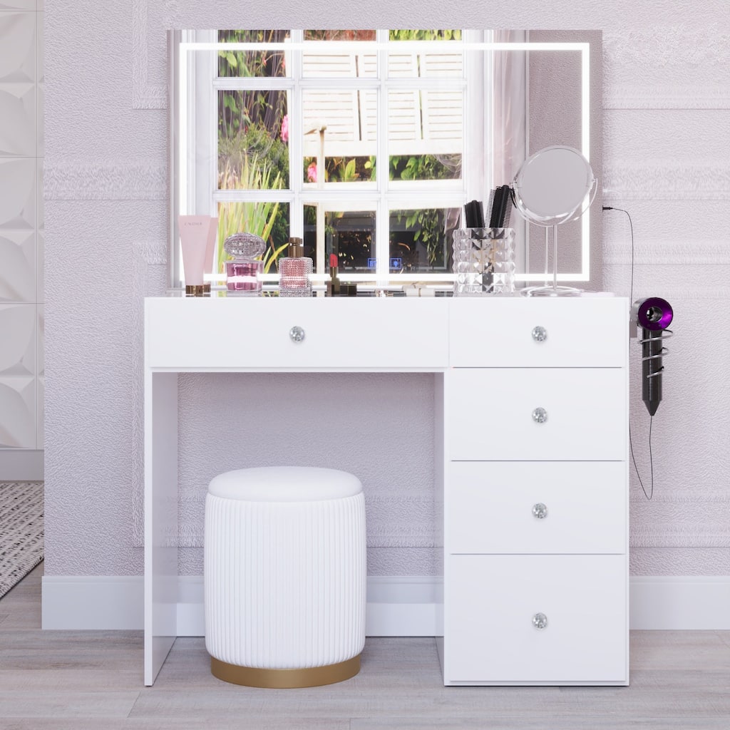 Boahaus Emilia Vanity Desk with Bluetooth Speakers & LED Mirror