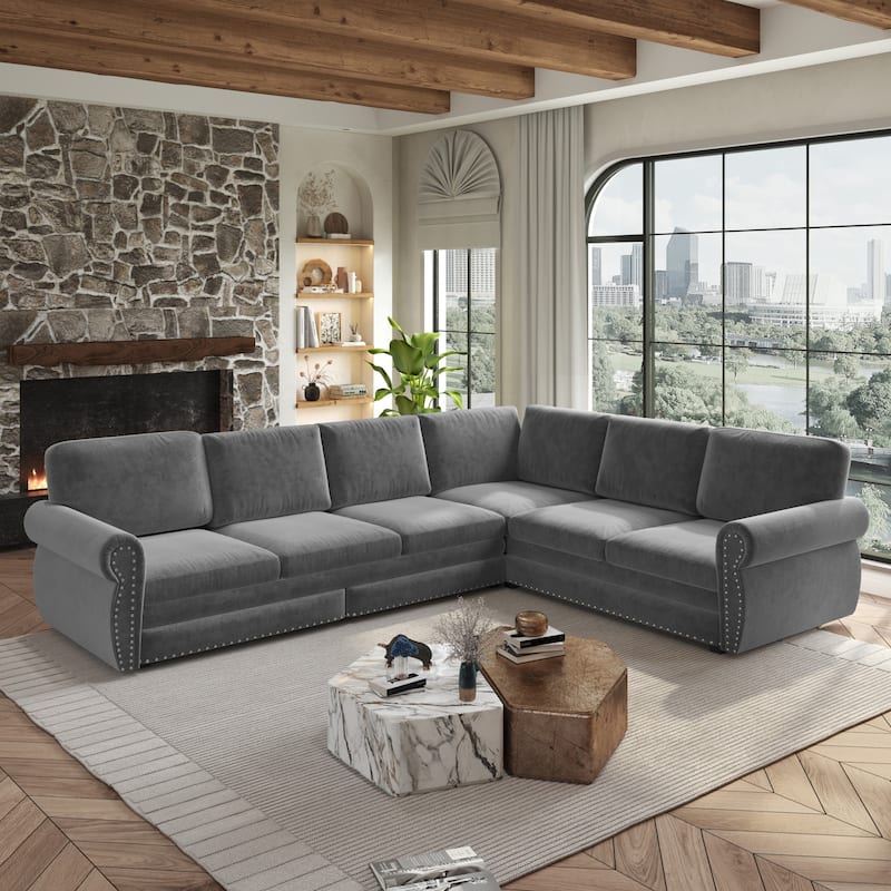 118" L-Shaped Sofa Couch with Pull-Out Bed with Nailhead Trim & Rolled Arm - 118"L x 86.6"W x 36.3"H - Light Grey