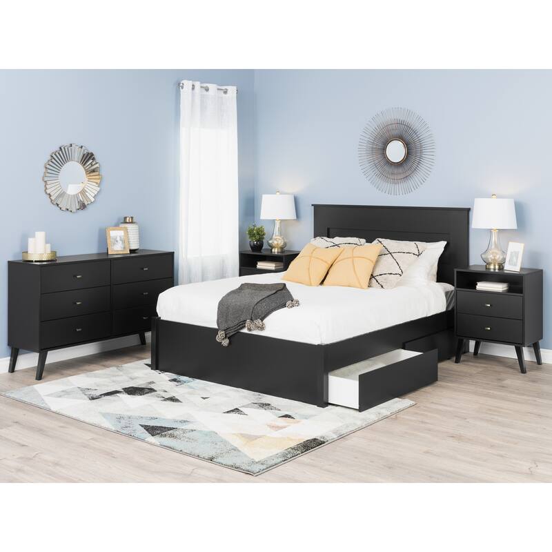 Prepac Milo Mid-Century Modern 2 Drawer Nightstand with Open Shelf, Bedside Table, Contemporary Bedroom Furniture