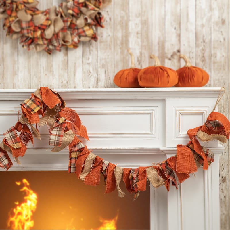 Glitzhome Fall Fabric Plaid Wreath or Garland Wall Hanging Decor - Garland