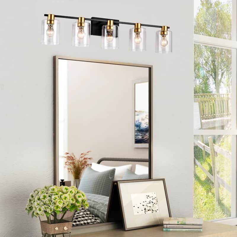 5-Light Matte Black Modern Vanity Lights with Glass Shade, Vintage Light Fixture Bathroom for Kitchen Dining Room