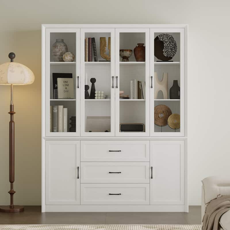79.6" Tall Glass Display Cabinet, 6-Tier Bookshelf with Drawers - White