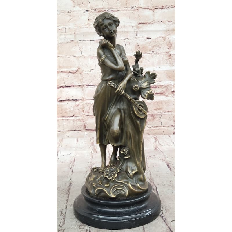 Clical Young Woman Holding Banjo Guitar Musical Instrument - Bronze Sculpture By Milo