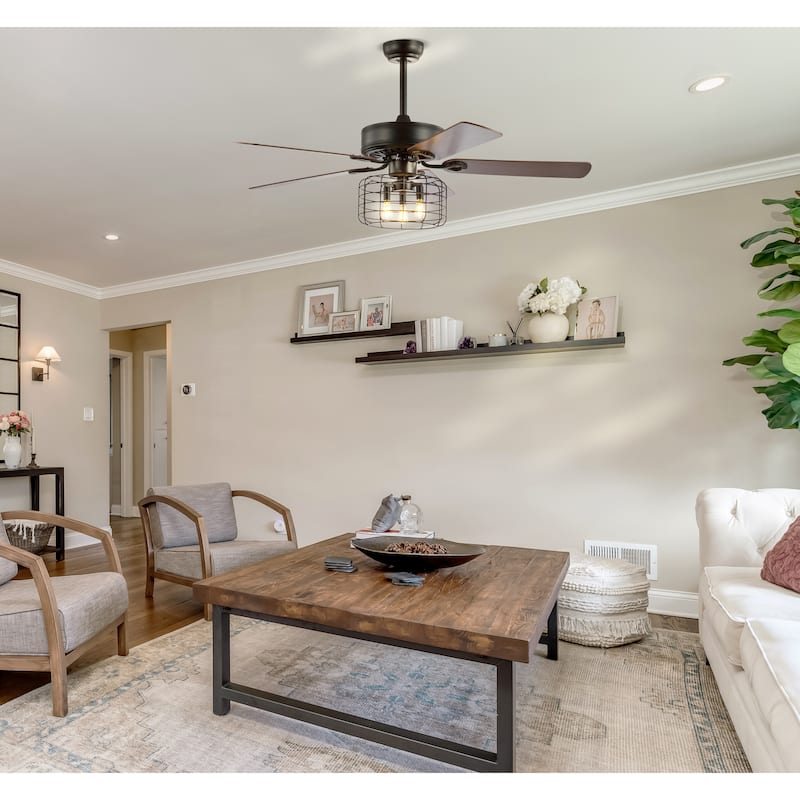 Edith 52" 3-Light Industrial Metal/Wood LED Ceiling Fan With Remote, Forged Black by JONATHAN Y