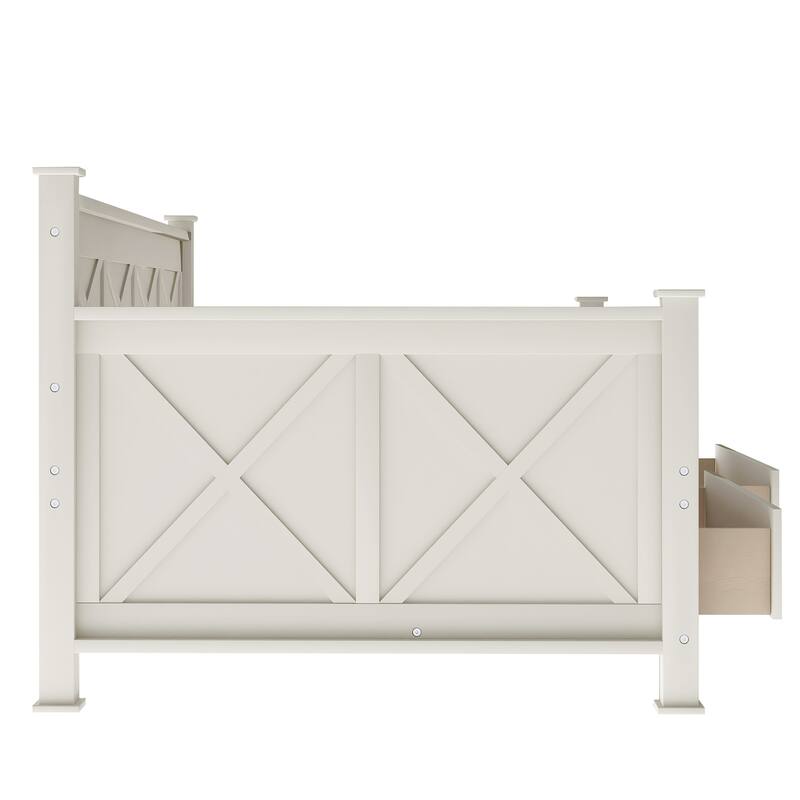 Twin Size Daybed with X-shaped Pattern & 2 Storage Drawers, Cream White