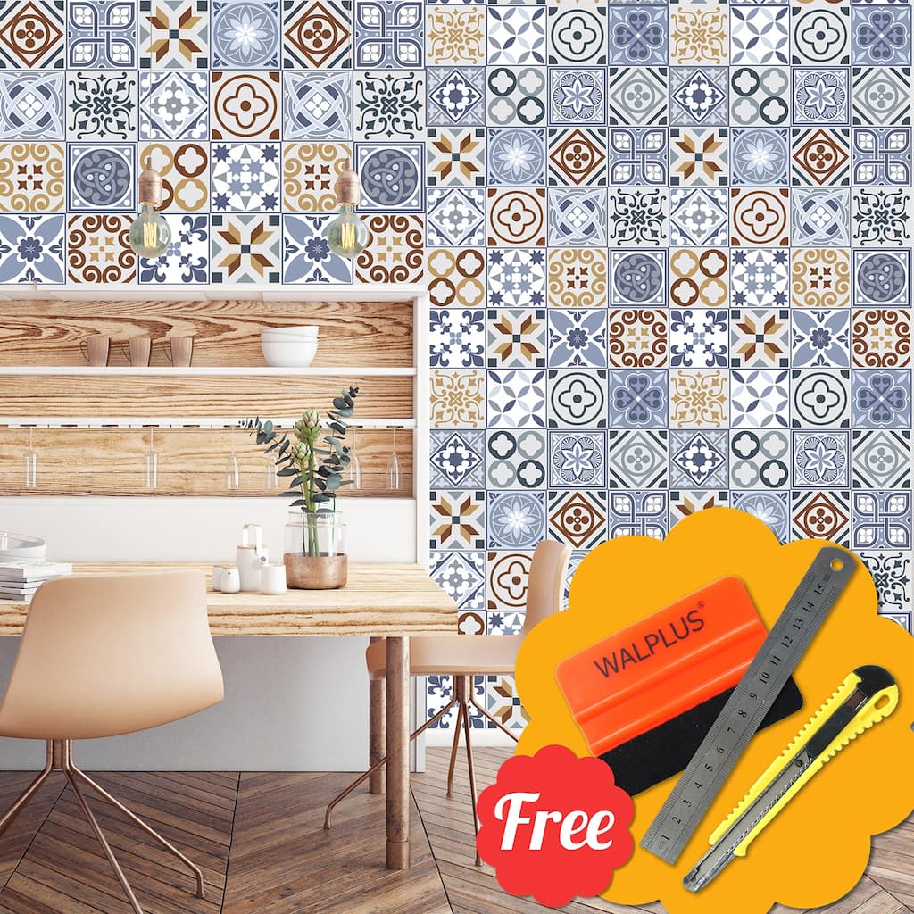 Walplus Brown Blue Mix Tile Stickers Peel and Stick Wall Stickers 48pcs 6"x6"