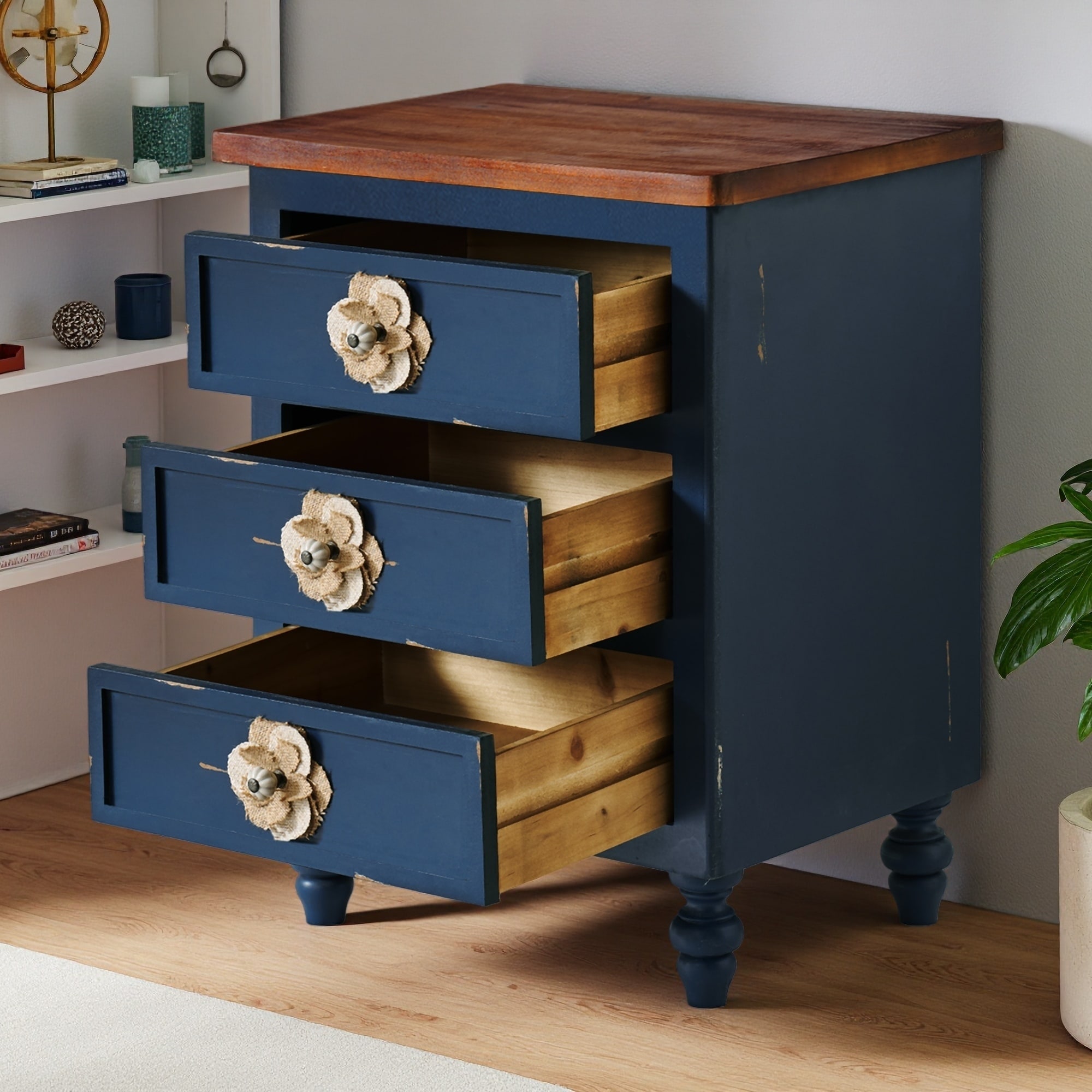 18.9"L Vintage Farmhouse End Table with 3 Drawers & Floral Knobs, Nightstand with Gourd Legs, Bedside or Sofa Accent Table