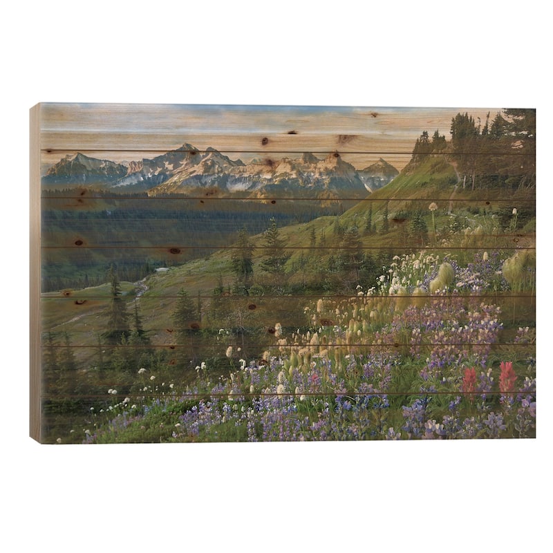 Wildflowers And Tatoosh Range, Mount Rainier National Park, Washington Print On Wood by Tim Fitzharris - Multi-Color - 26x40x1.5