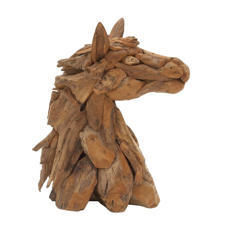 Brown Teak Wood Handmade Head Horse Decorative Sculpture with Layered Woodchip Pieces