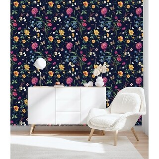 Dark Wallpaper with Brightly Flowers Peel and Stick and Prepasted - Bed ...