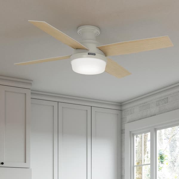 slide 2 of 20, Hunter 52" Dempsey Flush Mount Ceiling Fan w/ LED Light Kit, Handheld Remote - Contemporary, Transitional - Low Profile Fresh White