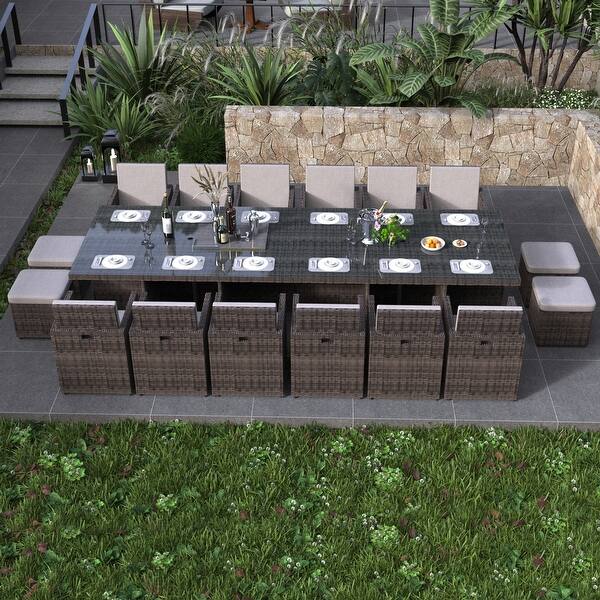 16-Seater Aluminum Patio Dining Sets with Cushions and Tempered Glass Tabletop