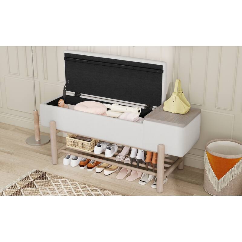Roomfitters Modern Entryway Bench, Upholstered Storage Seat, Shoe Organizer Shelf, Hallway Furniture