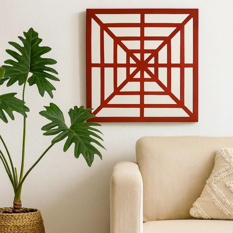 Wooden Wall Decor Set of 2 with Concentric Square Design on Top, Red and Silver