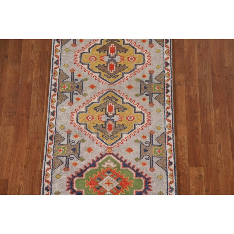 Geometric Green Kazak Indian Runner Rug Handmade Wool Carpet - 2'7"x 9'1"