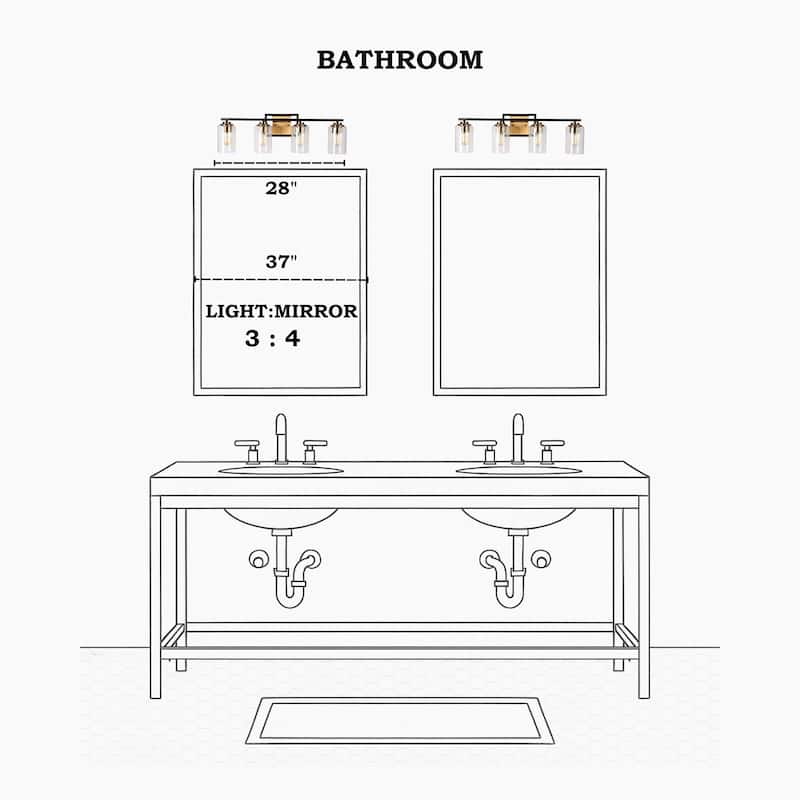 Modern Black Gold 3-Light Bathroom Vanity Lights Wall Lighting with Seeded Glass Shade