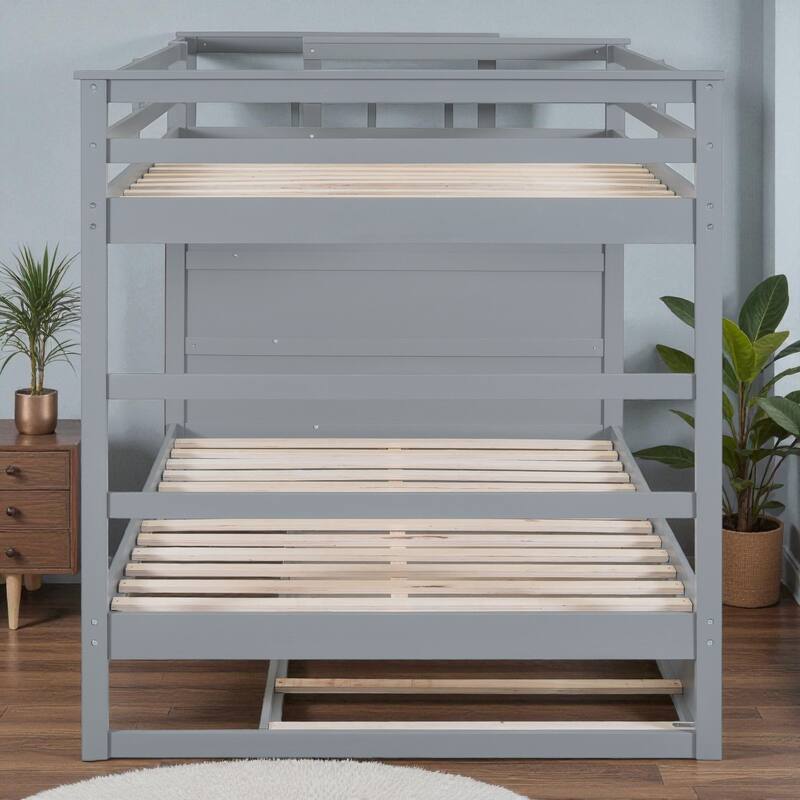 Full Over Full Bunk Bed with Twin Trundle and Storage Staircase, Solid Wood Frame, Space-Saving Design