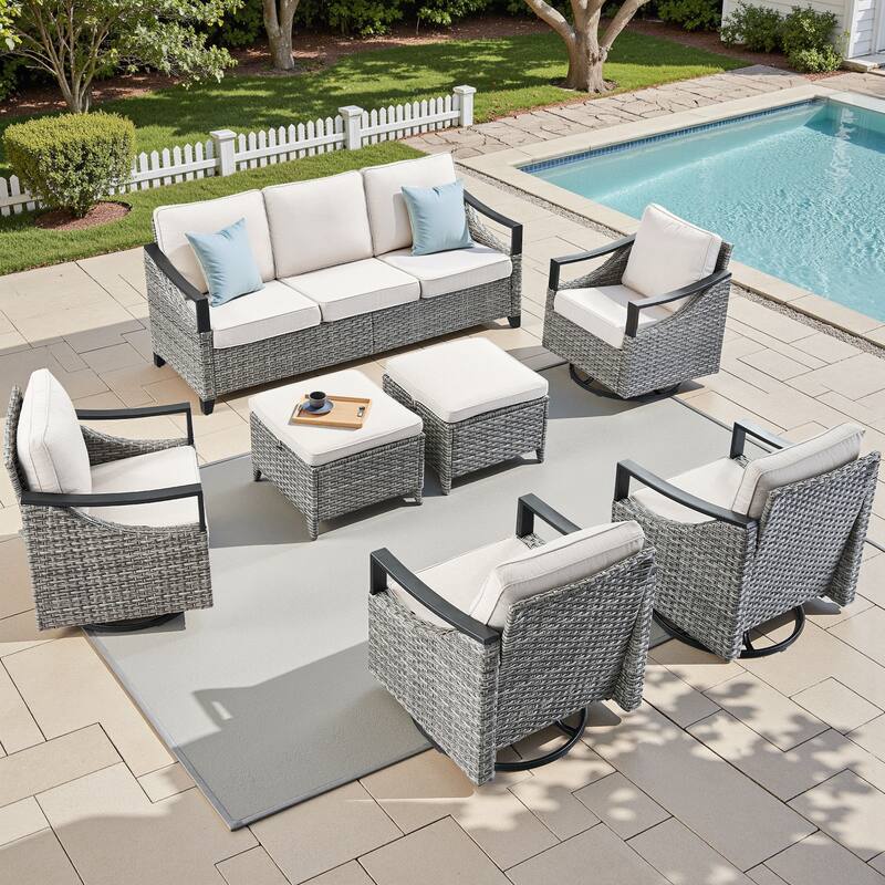 Pocassy Outdoor Sofa Swivel Patio Chair Table with Ottoman Set - Gray Wicker Beige Cushion - 7-Piece Sofa Swivel Chair with Ottoman