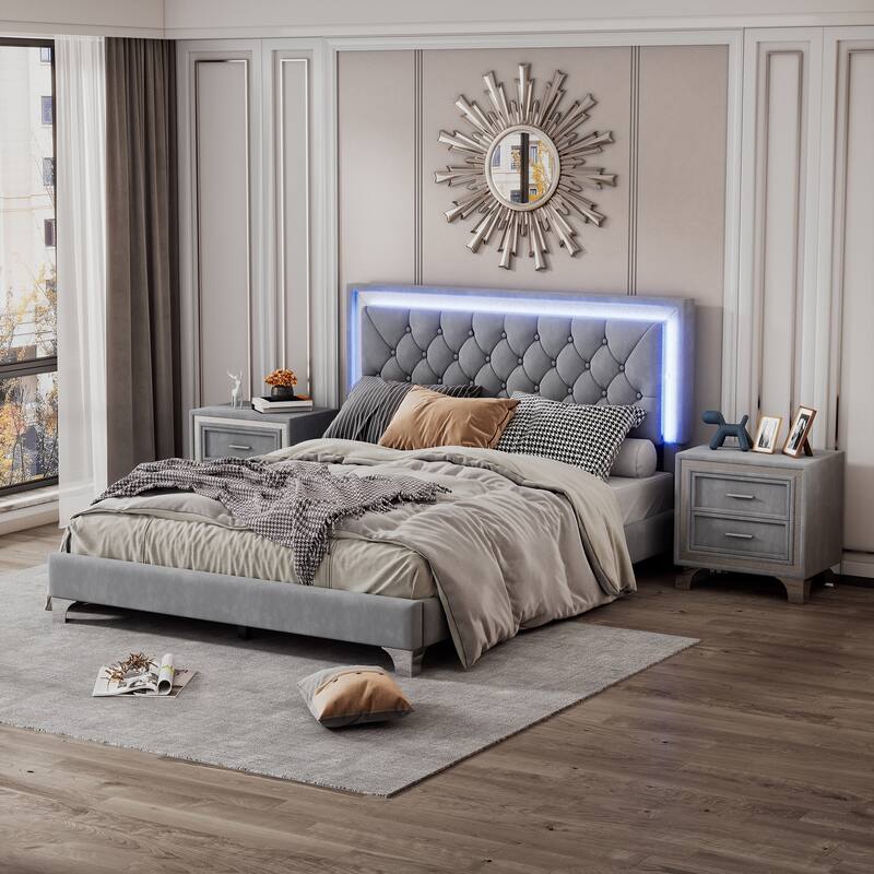 3-Pieces Bedroom Sets with Queen Size Upholstered Platform Bed and Two Nightstands