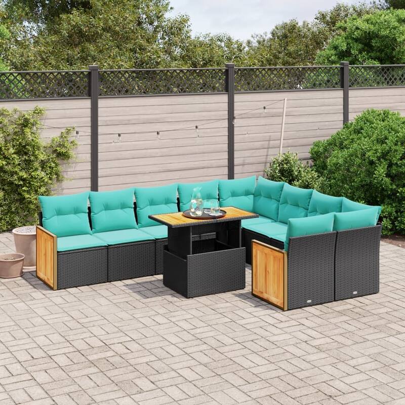 vidaXL 10 Piece Patio Sofa Set with Cushions Black/Gray Poly Rattan - 21.7 x 24.4 x 27.2 - Black