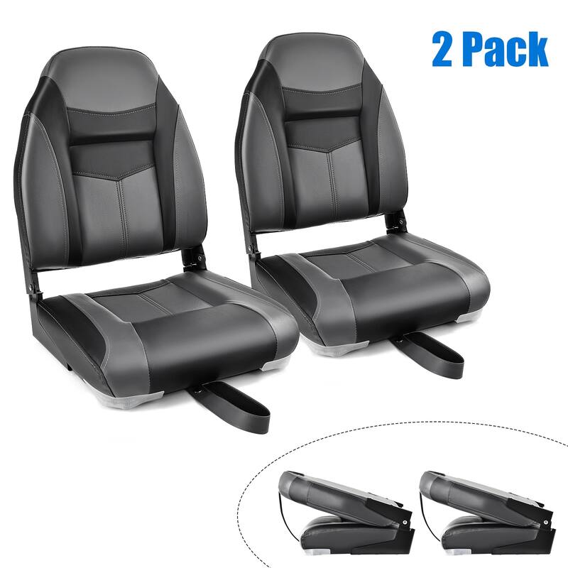 Costway High Back Folding Boat Seats with Black Grey Sponge Cushion & - See Details - Black, Grey-2 Seat