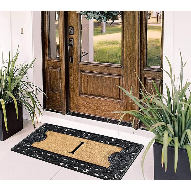 A1HC Floral Border Rubber and Coir Large Outdoor Durable Monogrammed Doormat, Black - 23" X 38"