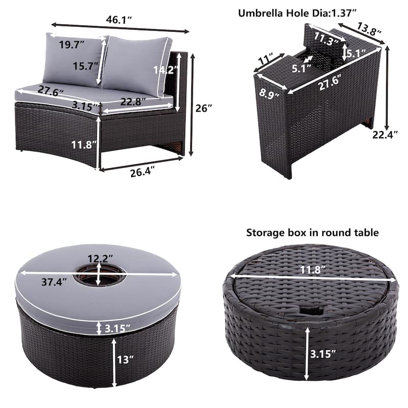 6 Pieces Outdoor Sectional Half Round Patio Rattan Sofa Set, PE Wicker Conversation Furniture Set