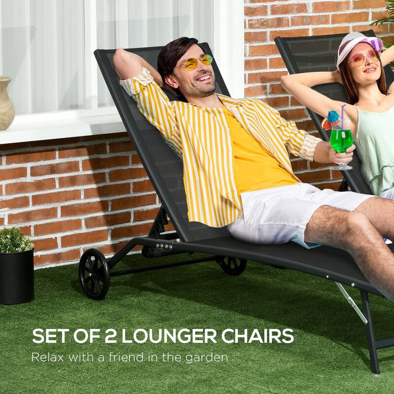 Outsunny Outdoor Chaise Lounge, 2 Piece Lounge Chair with Wheels, Tanning Chair with 5 Adjustable Positions