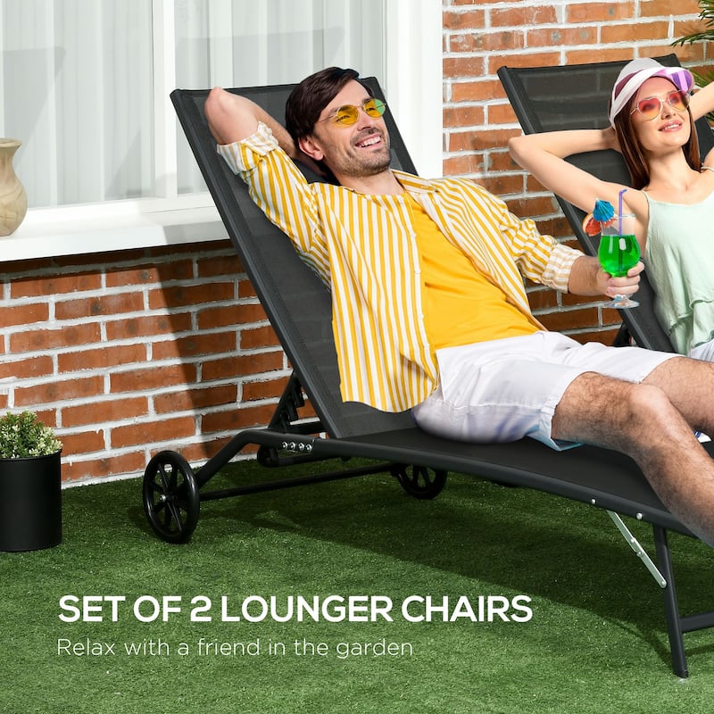 Outsunny Patio Chaise Lounge Chair Set of 2, 2 Piece Outdoor Recliner with Wheels, 5 Level Adjustable Backrest