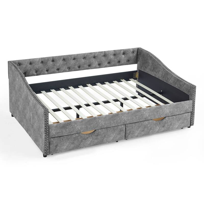 Upholstered Tufted Daybed Sofa Bed with Drawers, Button and Copper Nail on Waved Shape Arms